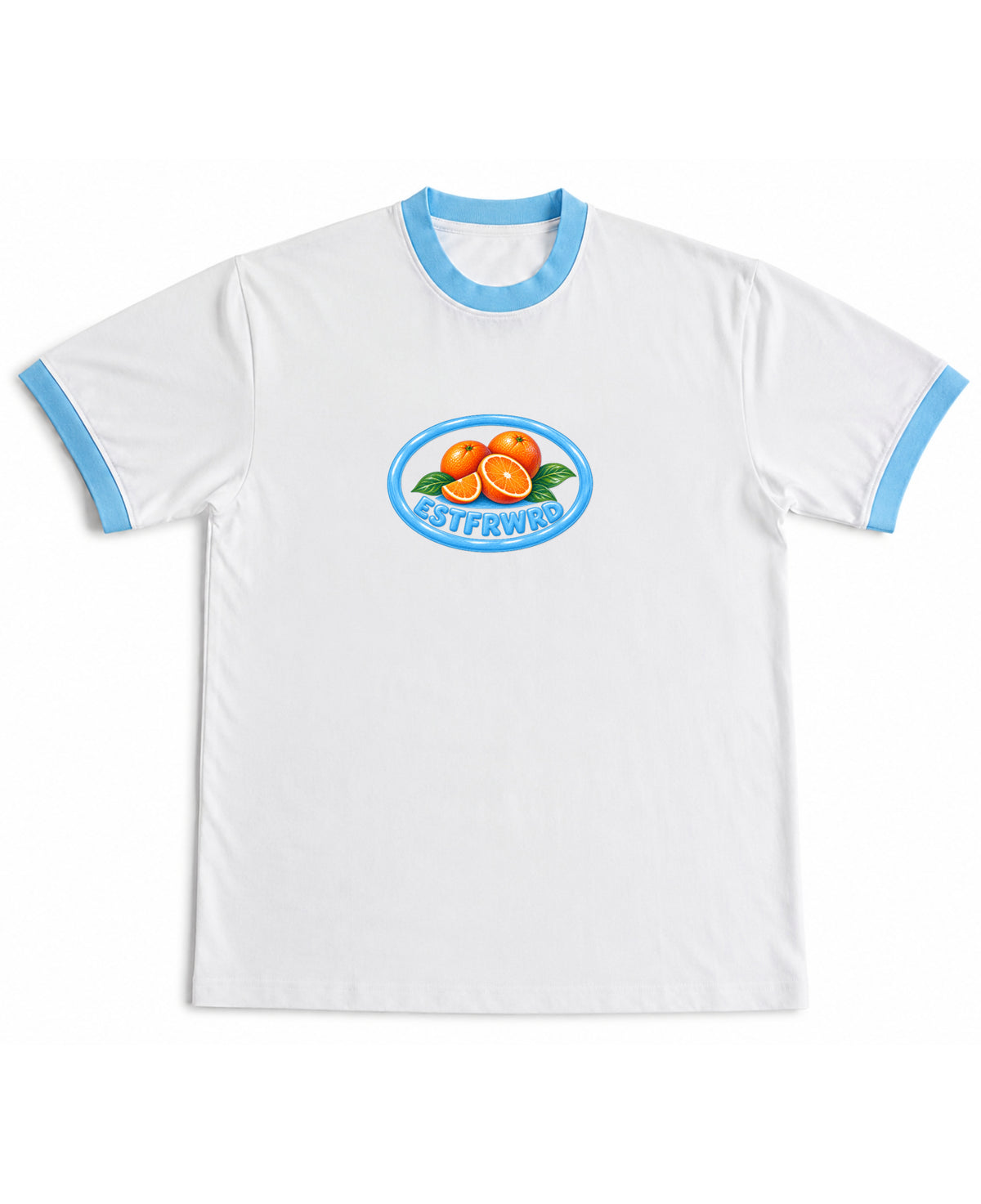 White & Sky Blue Ringer tee Front Design