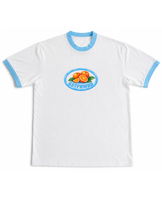 White & Sky Blue Ringer tee Front Design